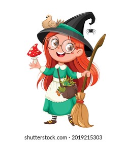 Happy Halloween. Cute girl witch. Beautiful little witch cartoon character