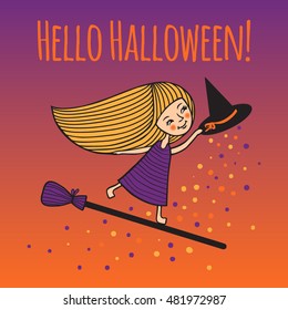 Happy Halloween. Cute girl in witch costume on broom. Colorful night sky. Romantic postcard for Halloween. Invitation to the feast. Vector illustration. Funny characters hand-drawn in cartoon style.