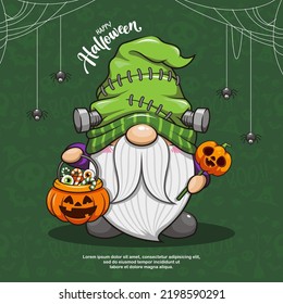 Fröhliches Halloween mit scharfem Gnome Frankenstein auf unscharfem Hintergrund, scharfe Cartoon-Illustration