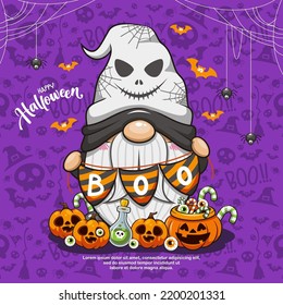 Happy Halloween With Cute Gnome And Pumpkind, Cute Cartoon Illustration