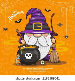 Feliz Halloween Con Testigos De Gnome Cuidados En Un Fondo Sin Margen, Ilustración De Caricatura Cuesta