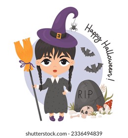 Happy Halloween. Cute gothic witch girl wednesday swith braids in hat with spider and broom near grave headstone with skull, fly agaric and bats. Vector illustration in cartoon style. Festive kid