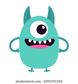 Happy Halloween. Cute green monster standing. Monsters silhouette icon. One eye, smiling face, horns, hands. Cartoon kawaii funny baby character. Childish style. Flat design. White background. Vector