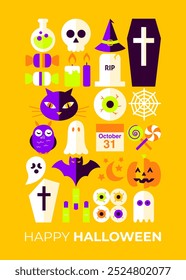 Happy Halloween Cute Greeting Card. Vector Illustration of Flat Style Background. Trick or Treat Postcard. Scary Party Concept. Horror Holiday.