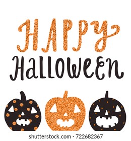 Happy Halloween cute greeting card. Vector illustration with glitter elements