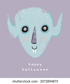 Happy Halloween. Cute Grunge Hand Drawn Halloween Party Vector Card with Blue Handsome Vampire on a Light Violet Background. Scary Print. 