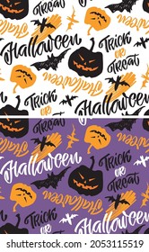 Happy halloween - cute hand drawn doodle pattern background. Halloween party - Trick or Treat. Lettering art for poster, web, banner, t-shirt design.