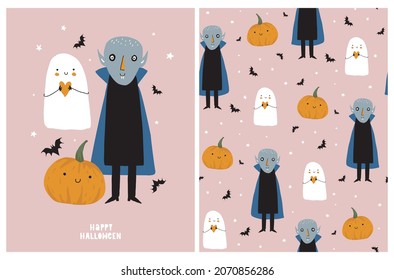 Happy Halloween. Cute Hand Drawn Halloween Vector Card and Seamless Pattern with Sweet Little Pumpkin, White Funny Ghost, Black Bats, Stars and Handsome Vampire on a Blush Pink Background. 