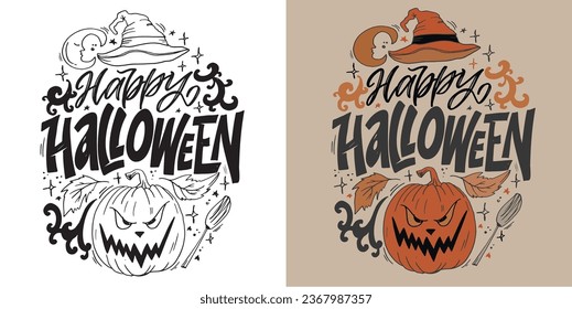 Happy halloween - cute hand drawn doodle lettering label. Halloween party - Trick or Treat. Lettering art for poster, web, banner, t-shirt design.