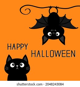 Happy Halloween. Cute hanging bat. Black cat kitten kitty looking up. Cartoon kawaii funny baby animal charater. Greeting card. Flat design. Orange background. Isolated. Vector illustration.