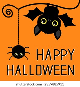 Happy Halloween. Cute hanging bat, spider on dash line web. Cartoon kawaii funnychildish baby animal charater set. Greeting card. Flat design. Orange background. Isolated. Vector illustration