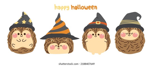 Happy halloween.Set of cute hedgehog wear witch hat in various poses.Funny animal character cartoon design collection..Fall.Autumn.Kawaii.Vector.Illustration.