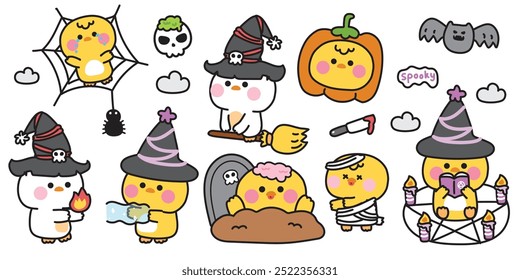 Feliz halloween.Conjunto de linda gallina y pollo en varias poses festival de halloween.Tumba, araña, veneno, calabaza, calavera, murciélago dibujado a mano.Bruja.Zombies.Noche.Animales de dibujos animados.Kawaii.Vector.Ilustración.