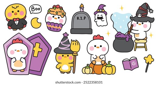 Happy halloween.Set of cute hen and chicken in various poses halloween festival.Cupcake,coffin,grave,poison,pumpkin hand drawn.Witch.Dracula.Ghost.Night.Animal cartoon.Kawaii.Vector.Illustration.