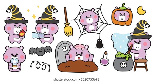 Happy halloween.Set of cute hippopotamus in various poses halloween festival.Poison,spider web,grave,pumpkin,bat hand drawn.Witch.Zombies.Moon.Night.Animal cartoon.Kawaii.Vector.Illustration.