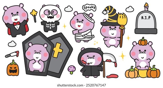 Happy halloween.Set of cute hippopotamus in various poses halloween festival.Conffin,bloom,pumpkin,cloud,grave hand drawn.Witch.Devil.Zombies.Night.Animal cartoon.Kawaii.Vector.Illustration.