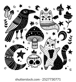 Happy Halloween Cute Illustrations and Design Elements. Set in Scandinavian black-white style with a dead cat, ghost, raven, mushroom, skull, moon. Vector illustration