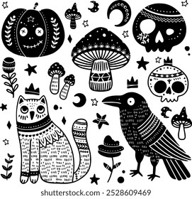 Happy Halloween Cute Illustrations and Design Elements. Set in Scandinavian black white style with pumpkin, cat, raven, mushroom, skull, moon. Vector illustration