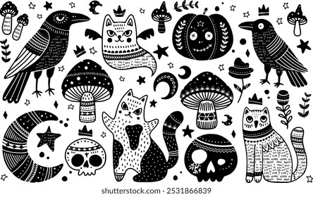 Happy Halloween Cute Illustrations and Design Elements. Set in Scandinavian black white style with pumpkin, dead cat, raven, mushroom, skull, moon. Vector illustration