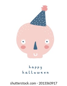 Happy Halloween. Cute Infantile Style Vector Illustration with Pink Funny Human Skull in a Blue Dotted Party Hat. Halloween Print ideal for Card, Poster, Invitation.