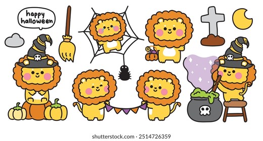 Feliz halloween.Conjunto de lindo león en varias poses festival de halloween.Araña, veneno, magia, escoba, grave dibujado a mano.Bruja.Luna.Nube.Noche.Animales de dibujos animados.Kawaii.Vector.Ilustración.