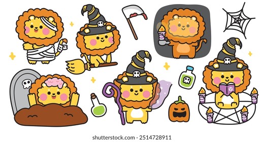 Feliz halloween.Conjunto de lindo león en varias poses festival de halloween.Hoz, Web de araña, veneno, magia, tumba dibujado a mano.Bruja.Zombies.Noche.Animales de dibujos animados.Kawaii.Vector.Ilustración.