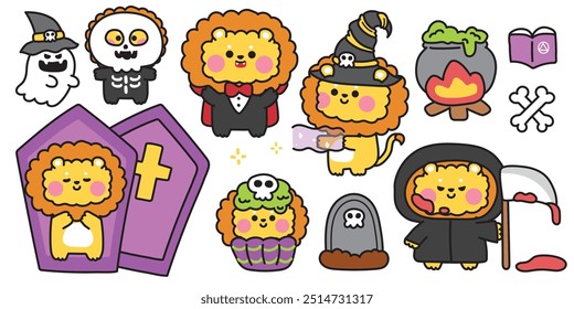 Happy halloween.Set of cute lion in various poses halloween festival.Cupcake,coffin,poison,magic,grave hand drawn.Witch.Ghost.Devil.Night.Animal cartoon.Kawaii.Vector.Illustration.