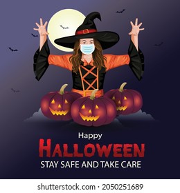 Happy Halloween. Cute little girl witch with a pumpkin on night background. vector illustration design. covid corona concept.	