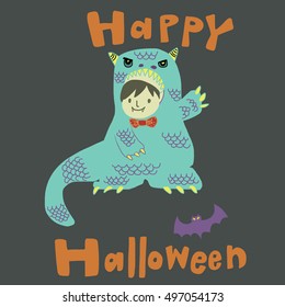 Happy Halloween with cute little monster. Kid in Halloween costume. Invitation card. Vector illustration. Flat design.