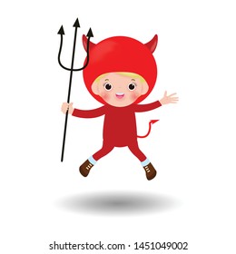 Happy Halloween. Cute little Red Devil Demon, children in Halloween costume isolated on white background. Kid Costume Party Vector illustration.