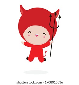 Happy Halloween. Cute little Red Devil Demon, children in Halloween costume isolated on white background. Kid Costume Party Vector illustration.