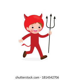 Happy Halloween. Cute little Red Devil Demon, children in Halloween costume isolated on white background. Kid Costume Party Vector illustration.