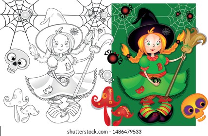 Happy Halloween. Cute little redhead witch with broomstick. Magician cartoon character on a green background with spiderweb, spiders, skulls and mushrooms. Colouring picture freehand