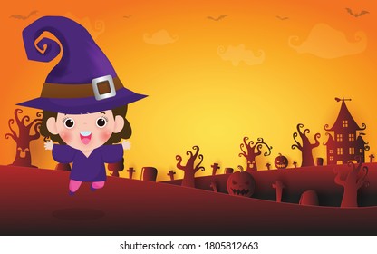 Happy Halloween, Cute Little witch banner trick or Treating, Template for advertising brochure. greeting card party poster and theme design background, paper art and craft style Vector Illustration