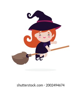 Happy Halloween for Cute little witch flying on broom. Girl kid in Halloween costume isolated on white background, Kid Costume halloween Party Vector illustration.