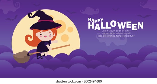 Happy Halloween, Cute little witch flying on a broom in the night sky against the background of the full moon, trick or treat, Template for advertising brochure. greeting card party poster and theme