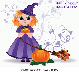 Happy Halloween. Cute little witch and pumpkin card. vector 