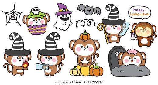 Happy halloween.Set of cute monkey festival.Cupcake,pumpkin,skull,grave,bat,spider web hand drawn.Witch.Zombies.Night.Animal cartoon.Kawaii.Vector.Illustration.