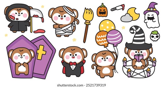 Happy halloween.Set of cute monkey festival.Grave,broom,balloon,pumpkin,skull hand drawn.Witch.Devil.Moon.Ghost.Zombies.Night.Animal cartoon.Kawaii.Vector.Illustration.