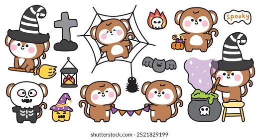 Happy halloween.Set of cute monkey festival.Spider,coffin,poison,bat,skull hand drawn.Witch.Zombies.Night.Animal cartoon.Kawaii.Vector.Illustration.