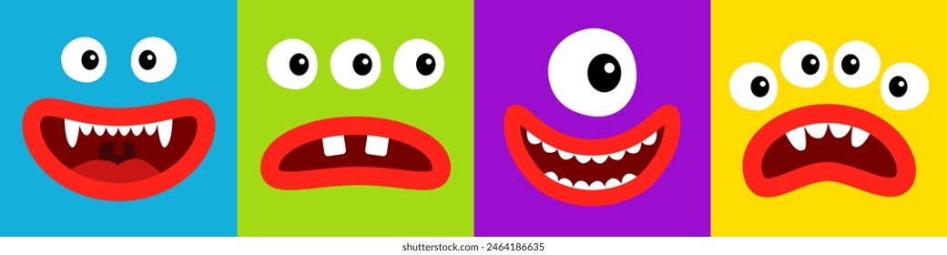 Happy Halloween. Cute monster face head set line banner. Four square monsters. Spooky Smiling Boo screaming sad face emotion. Eyes, teeth fang, mouse, lips. Flat design. Baby kids background. Vector