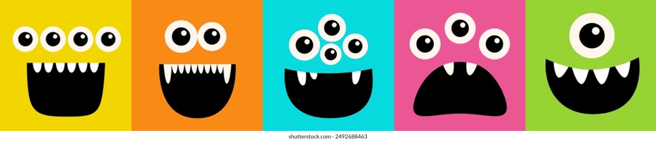 Happy Halloween. Cute monster face head set line banner. Five square monsters. Spooky Smiling Boo screaming sad face emotion. Eyes, teeth fang, open mouse. Flat design. Colorful background. Vector