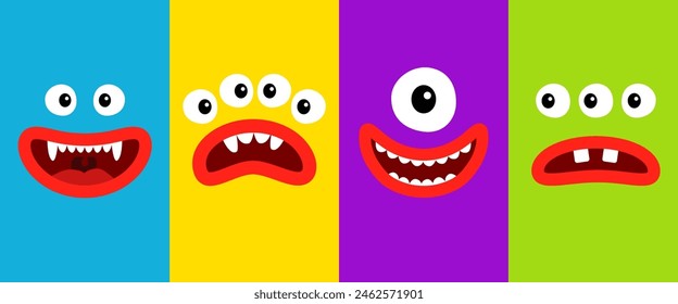 Happy Halloween. Cute monster funny face head set line banner. Four rectangular monsters banner. Spooky Smiling screaming sad face emotion. Eyes, teeth fang, lips. Flat design. Kids background. Vector