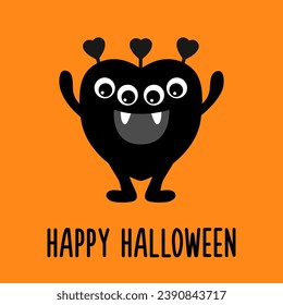 Feliz Halloween. Un monstruo lindo. Cara de cabeza dura con colmillos. Monstruos de silueta negra. Caricatura kawaii gracioso personaje de boo. Colección infantil de bebés. Diseño de camisetas. Vector de diseño plano de fondo naranja