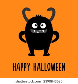 Feliz Halloween. Un monstruo lindo. Cara con cuernos, colmillos. Monstruos de silueta negra. Caricatura kawaii gracioso personaje de boo. Diseño de camisetas. Colección infantil de bebés Fondo naranja Vector de diseño plano