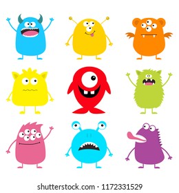 Happy Halloween. Cute monster icon set. Cartoon colorful scary funny character. Eyes, tongue, hands up. Funny baby collection. White background. Flat design. Vector illustration