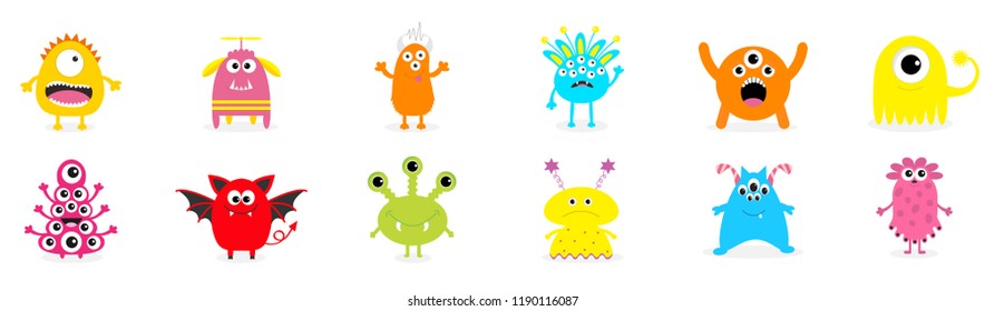 Happy Halloween. Cute monster icon set. Cartoon colorful scary funny character. Eyes, tongue, hands up. Funny baby collection. White background Isolated. Flat design. Vector illustration