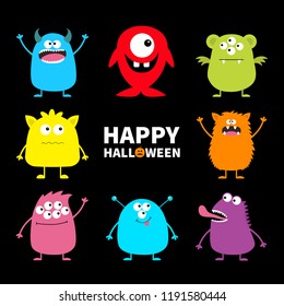 Happy Halloween. Cute monster icon set. Cartoon colorful scary funny character. Eyes, tongue, hands up. Funny baby collection. Black background Isolated. Flat design. Vector illustration
