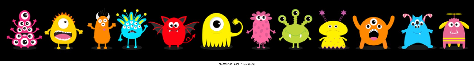 Happy Halloween. Cute monster icon set. Standing in line. Cartoon colorful scary funny character. Eyes, tongue, horn. Funny baby collection. Black background Isolated. Flat design. Vector illustration