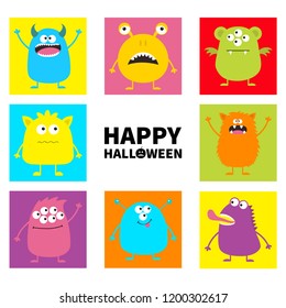 Happy Halloween. Cute monster icon set. Colorful square shape. Cartoon scary funny character. Eyes, tongue, hands up. Funny baby collection. White background Isolated. Flat design. Vector illustration